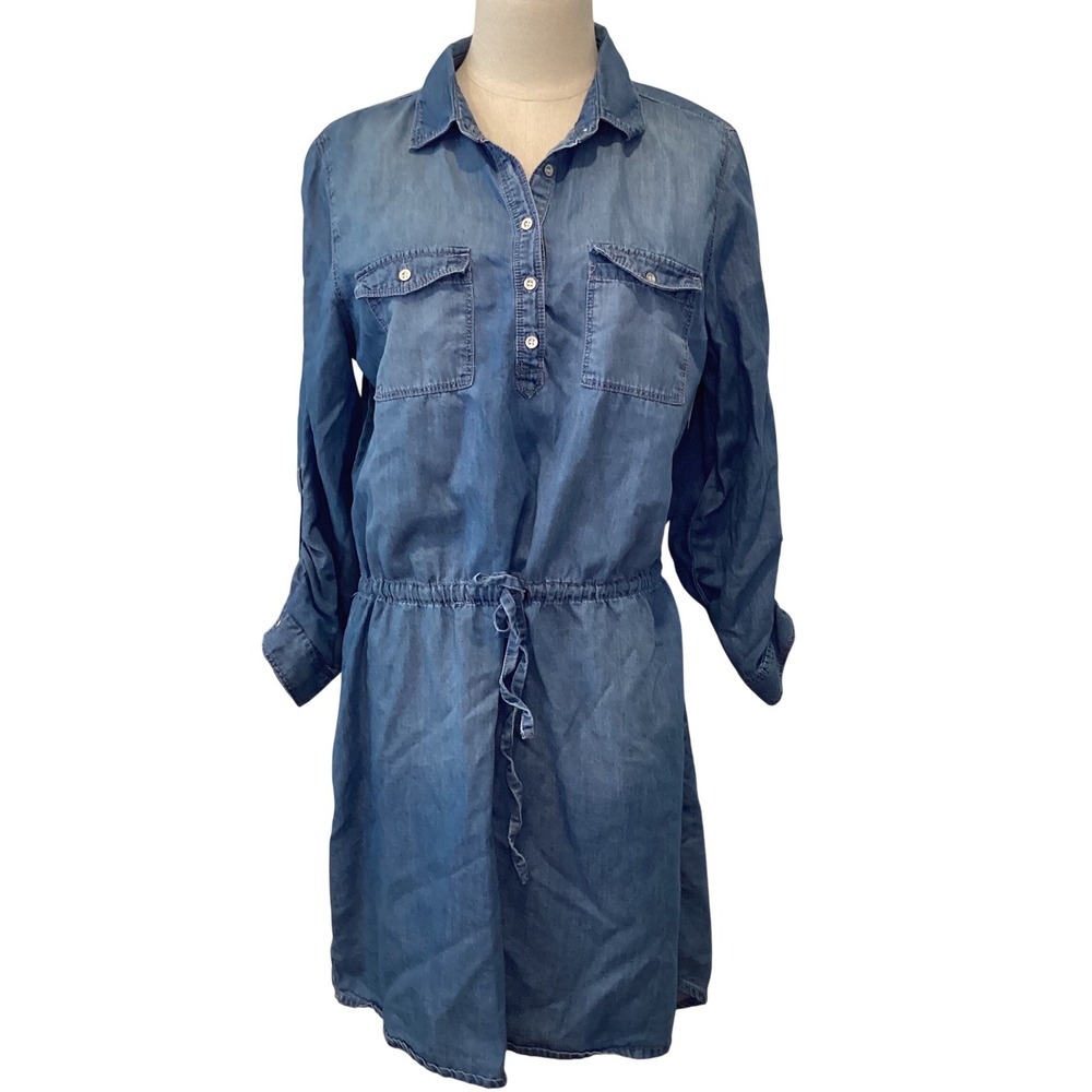 Gloria Vanderbilt Womens Medium Wash Denim Shirt Dress Drawstring Waist Medium